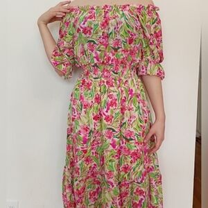 Floral Off-Shoulder Midi Dress in Pink and Green